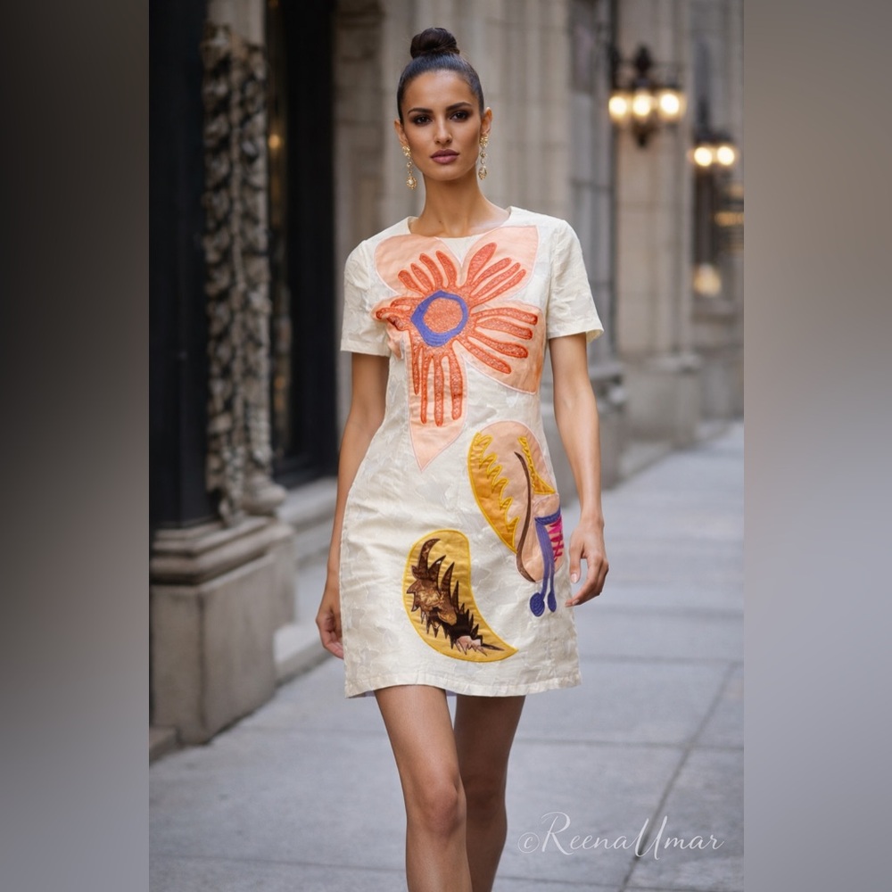 Cream Silk Shift Dress with Coral Floral Appliqué – Statement Piece – XS